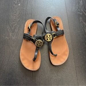 Tory Burch Black and Tan Sandals with Metal Logo